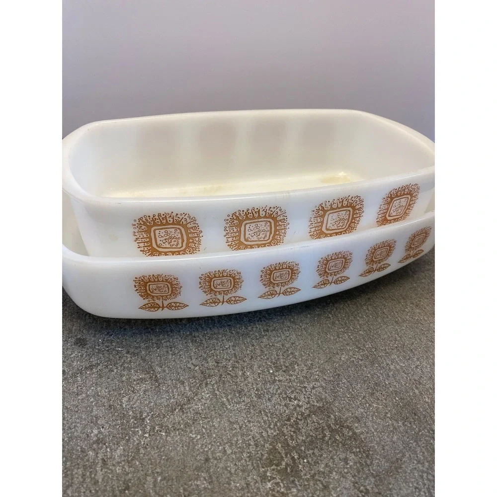 2 Vintage Federal Glass Baking Dish Loaf Pan White Connoisseur Brown Sunflowers